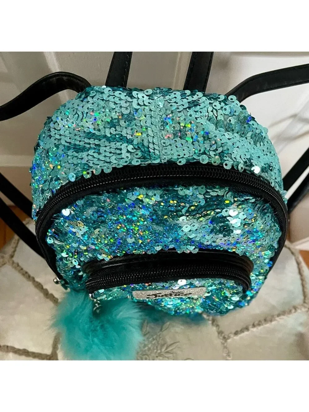 NWOT JUSTICE Backpack in Bright Blue Sparkles with handle and adjustable straps